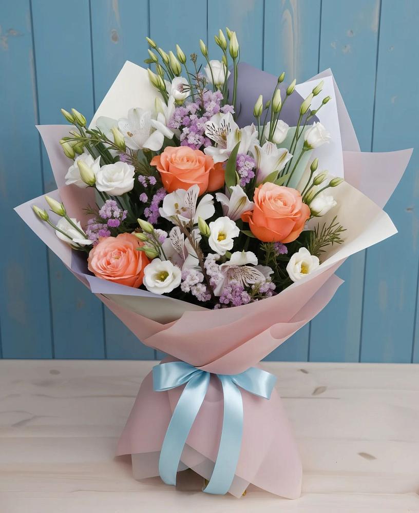 Букет цветов из: Лизиантусы, Розы, Альстромерии и Гипсофила в Новой Таволжанке