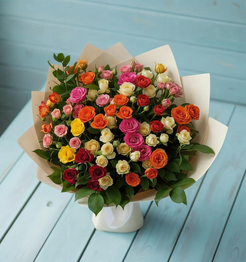 Букет Микс из разноцветных кустовых роз в Новой Таволжанке